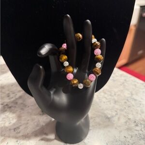 Natural Tigereye and Crackle Pink and White Quartz Bracelet